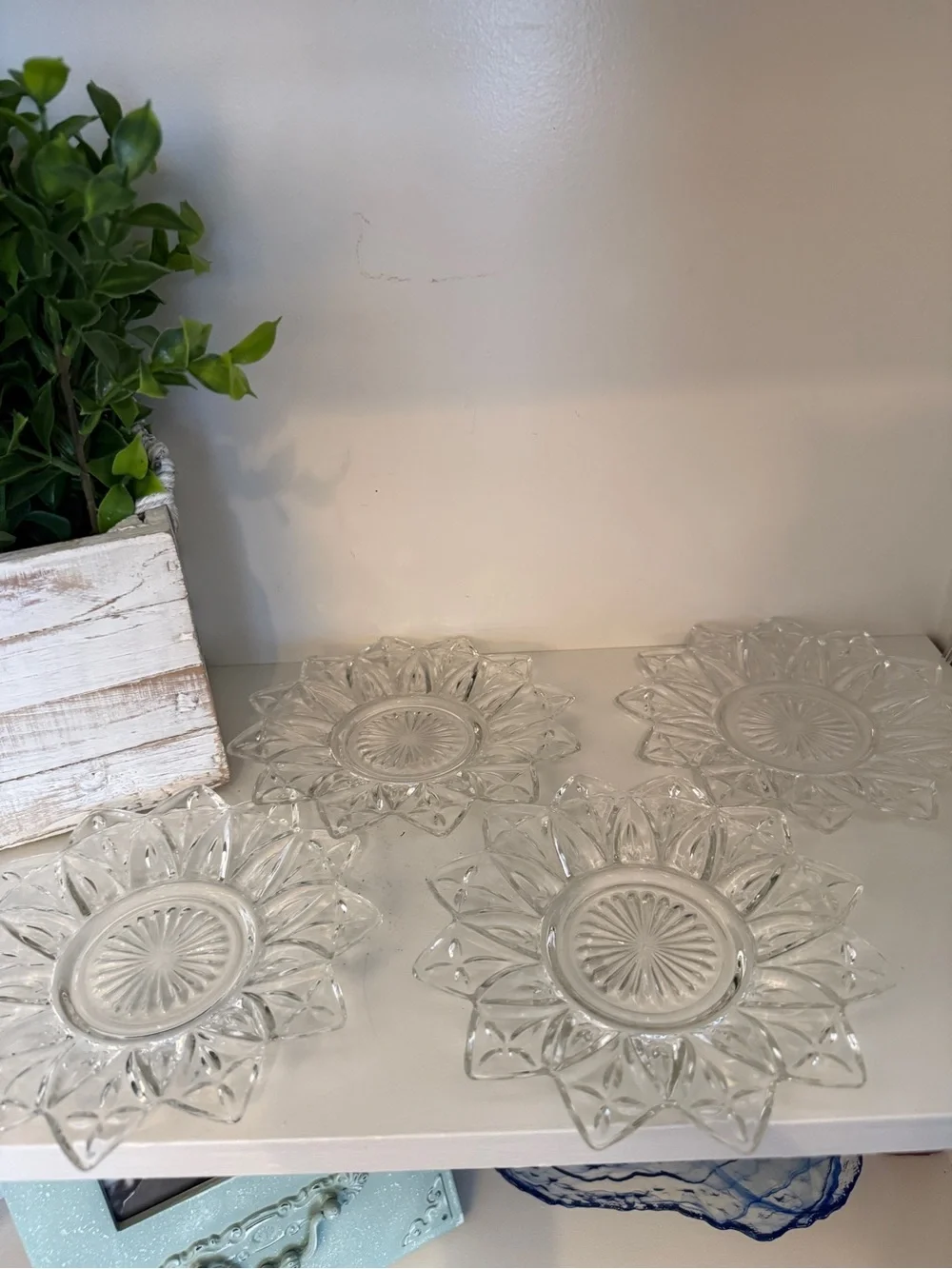 Vintage Clear Glass Flower Trinket Dishes Candle Holders Set of 4